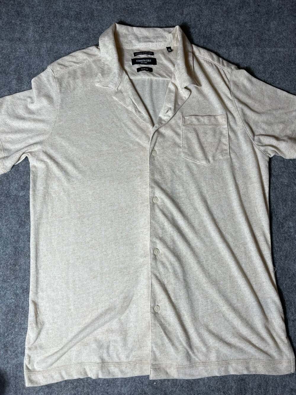 Kenneth Cole Men's Slim Fit Short Sleeve Knit Camp Shirt - Heathered Oatmeal